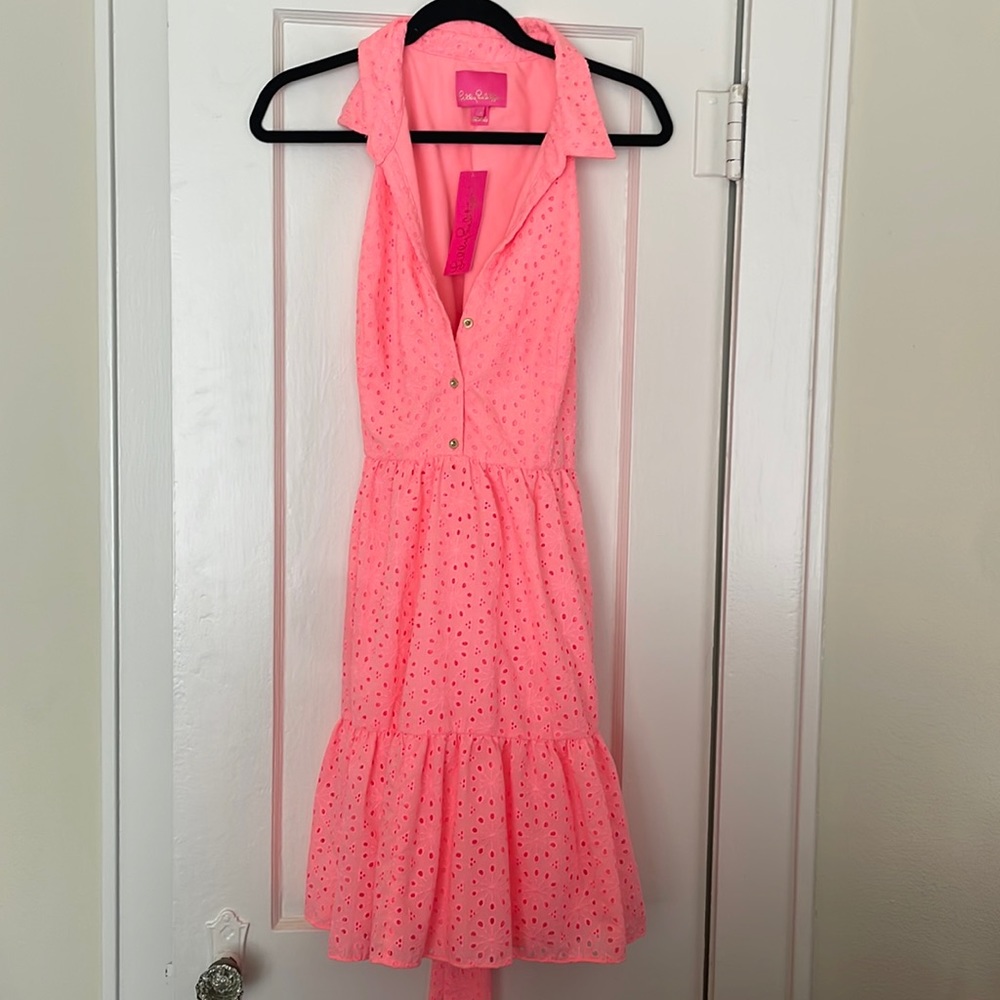 NWT Lilly Pulitzer neon pink eyelet Trisha shirt dress